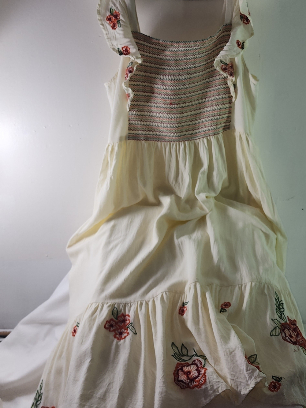 Cream Floral Embroidered Maxi Dress with Smocked Bodice